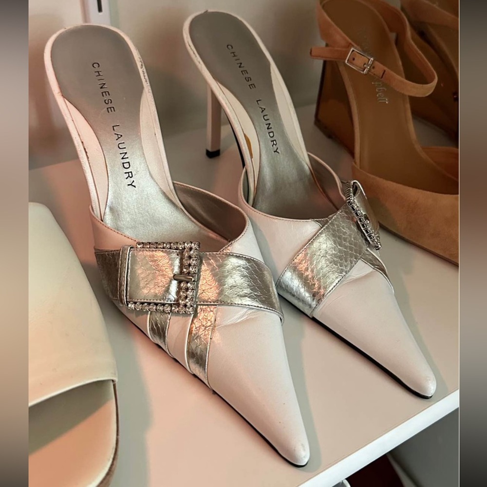 Chinese Laundry Metallic Silver and White Heels